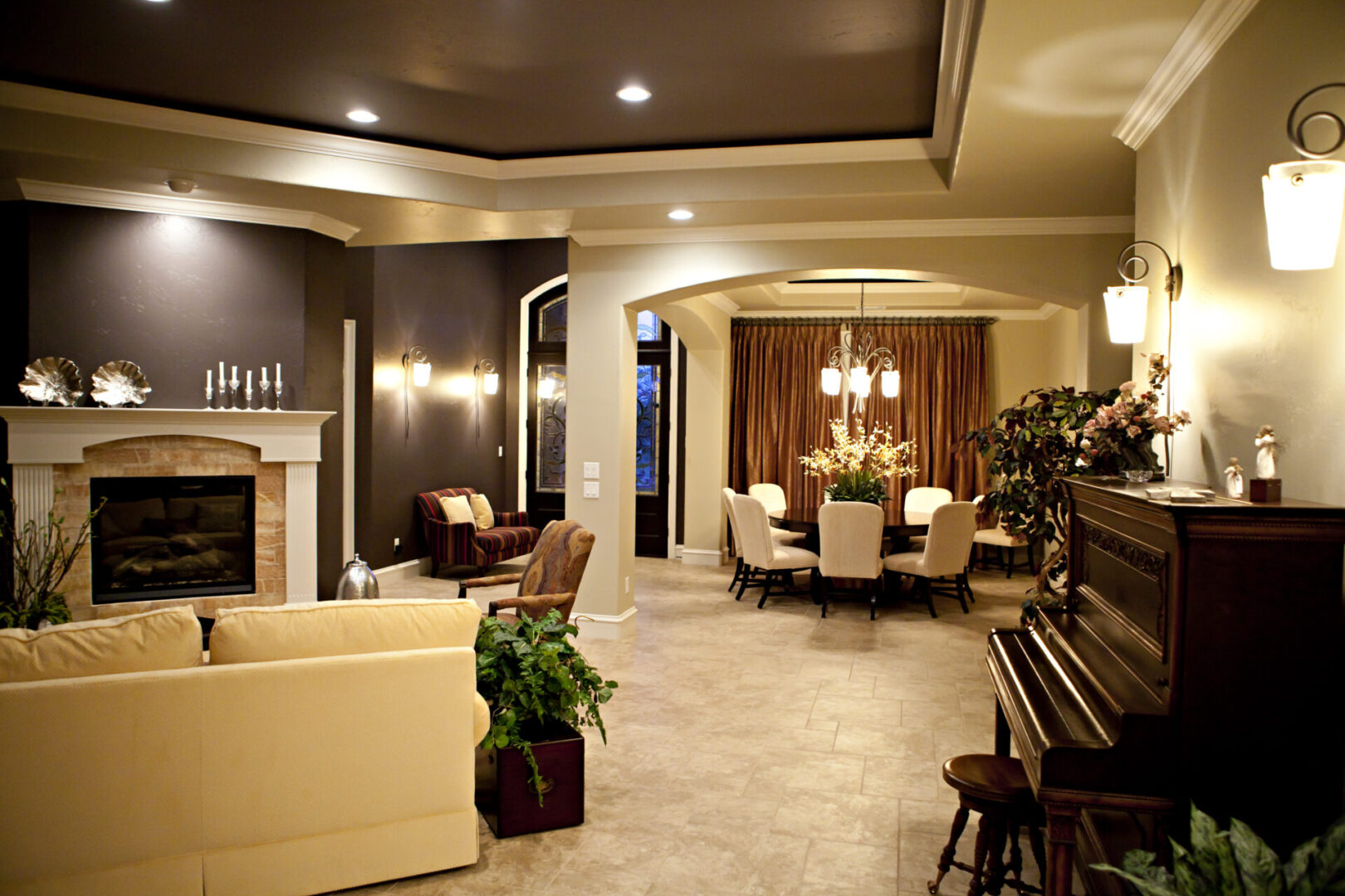 Lounge area with fireplace and piano