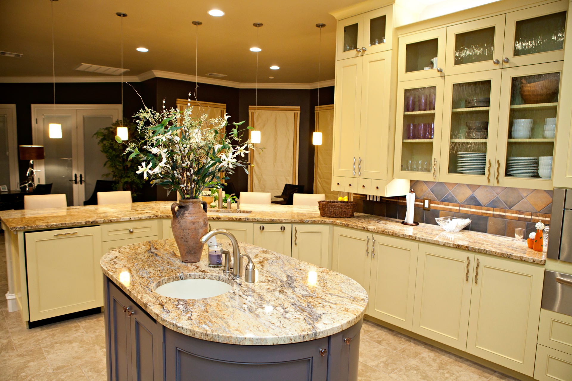 kitchen area with flower vase on countertop
