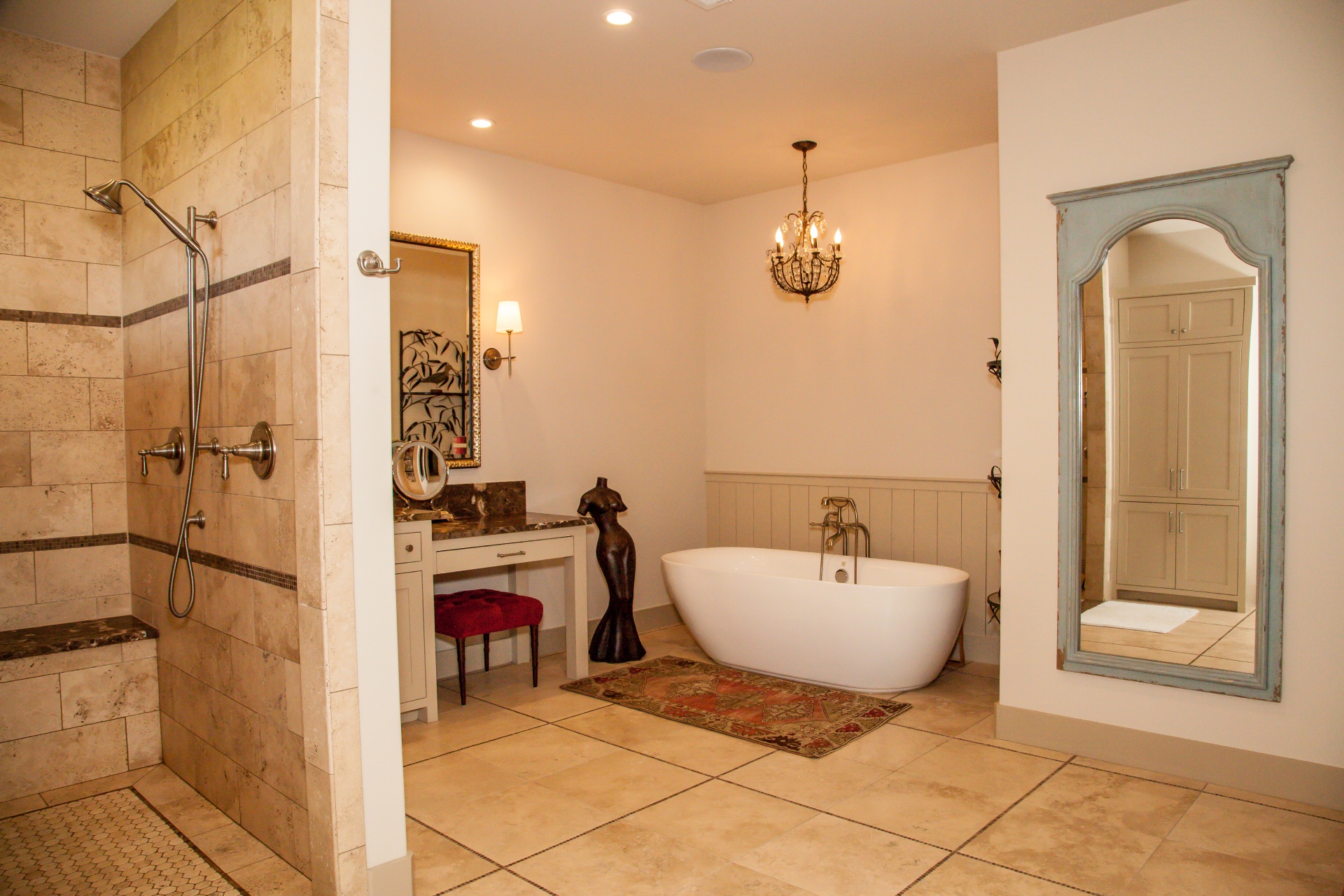 classic-themed bathroom area with shower and bath tub